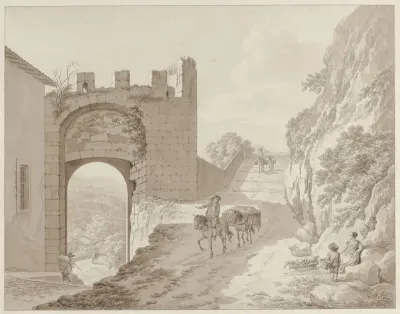 Bij Civita Castellana; op de voorgrond een ruiter en rustende reizigers