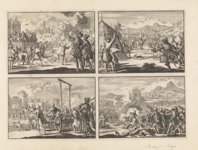 Bijbelverbranding in Hongarije, ca. 1660 / Hazen in het kampement van het Russische leger in Litouwen, 1658 / Stenko Radzin wordt met zijn broer Troika op een kar Moskou binnengebracht, 1671 / Overwinning van de Portugezen op de Spanjaarden bij Villa