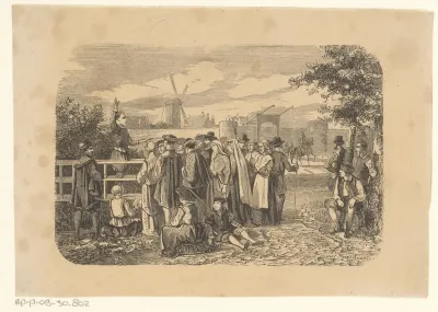 Bijeenkomst van mannen, vrouwen en kinderen buiten de stadsmuren