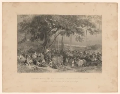 Bijeenkomst van Ranjit Singh en zijn mannen op kamelen, paarden en olifanten