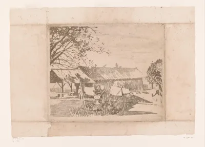 Bijgebouw met drogende was op de plantage Gambar te Java