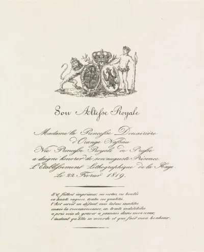 Biljet van het bezoek van de prinses weduwe van Oranje Nassau aan een lithografisch atelier te 's-Gravenhage, 22 februari 1819