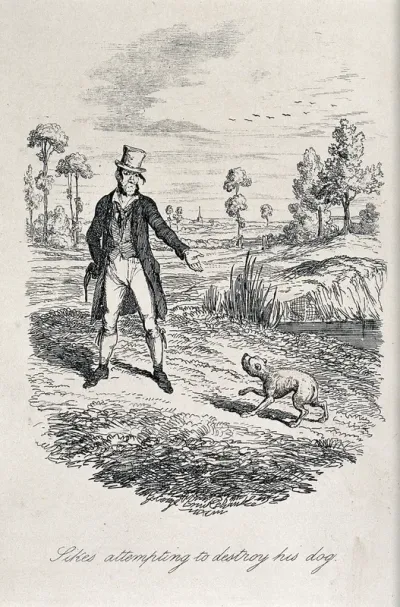 Bill Sikes attempting to drown his dog in a pond near Hatfield, Herts