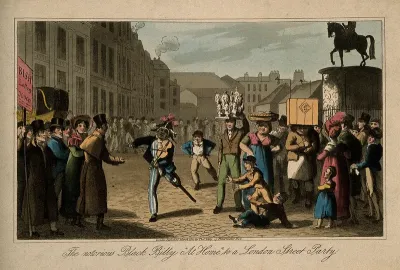 Billy Waters, a one legged busker, in a crowded London street