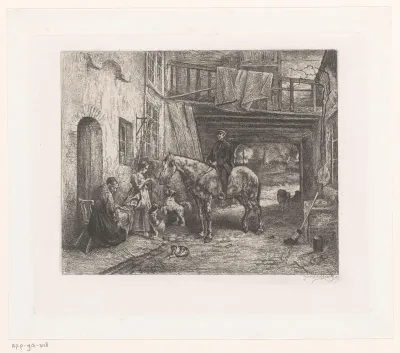 Binnenplaats met man te paard die een brief bezorgt aan een jonge vrouw