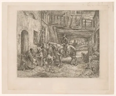 Binnenplaats met man te paard die een brief bezorgt aan een jonge vrouw