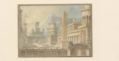 Binnenplaats van een versterkt kasteel met obelisk, troepen in het gelid