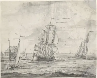 Binnenwater met schepen, in de verte een stadje