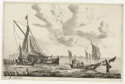 Binnenwater met zeilschepen en vissers op de oever
