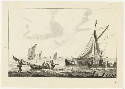 Binnenwater met zeilschepen en vissers op de oever