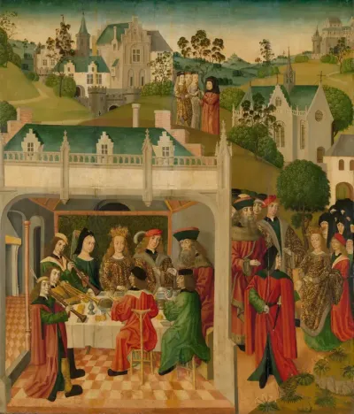 Binnenzijde linker vleugel van een altaarstuk met het huwelijksfeest van de heilige Elisabeth en Lodewijk van Thüringen op de Wartburg
