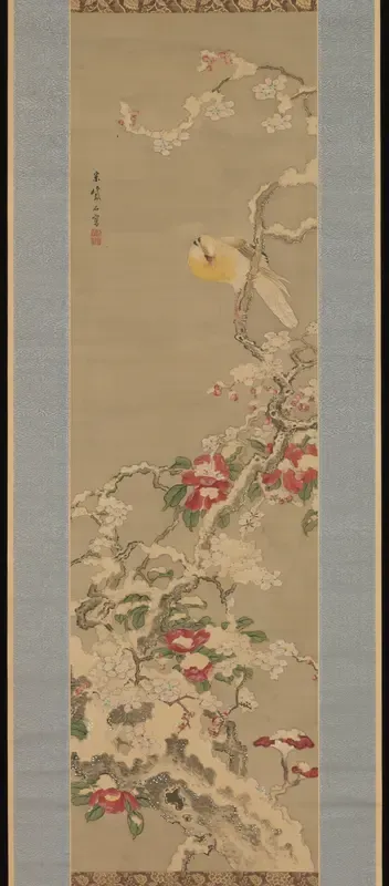 Bird among Camellias in Snow