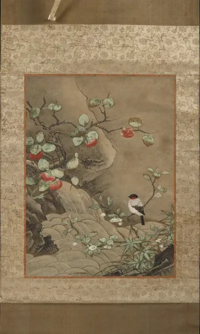 Bird, Flowers, and Fruit by a Waterfall