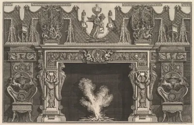 Bird in shell at the center of the lintel, with a frieze of trophies, surmounted by an overmantel with candelabra and flanked by chairs. (Ch. décorée d'une frise de casques et d'armures . . .)