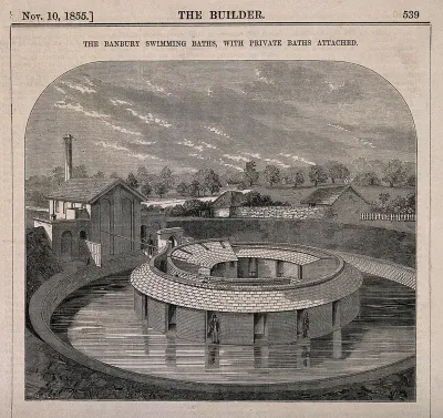 Bird's-eye view of Banbury swimming baths, private baths with a ground plan and key