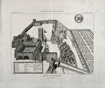 Bird's-eye view of the Abbaye de Montmajour with a key to identify the buildings and grounds