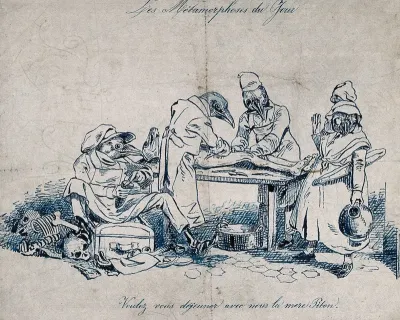 Birds dressed as surgeons or medical students dissect a body