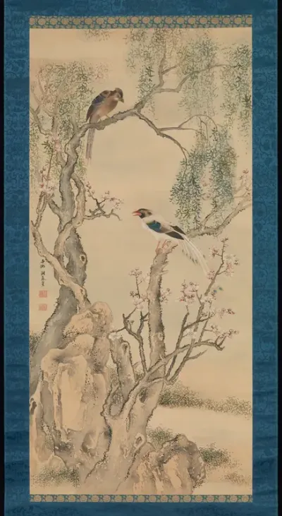 Birds in Willows and Blossoming Peach Tree