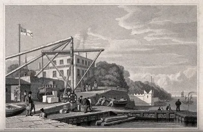 Birkenhead Ferry, opposite Liverpool: dockside scene with men working near a crane