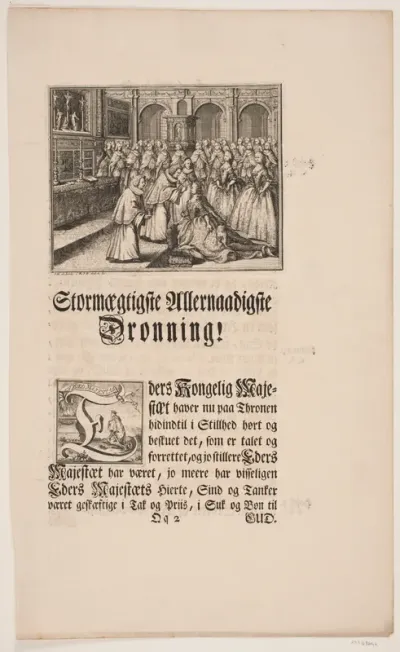 Biskop Hersleb salver Dronning Louise i Frederiksborg Slotskirke. Illustration og initial til Frederik d. IV's salvingsakt