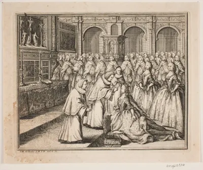 Biskop Hersleb salver Dronning Louise i Frederiksborg Slotskirke. Illustration til Frederik d. IV's salvingsakt