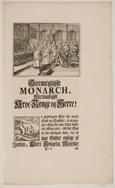 Biskop Hersleb salver Kong Frederik V i Frederiksborg Slotskirke. Illustration og Vignet til Frederik d. IV's salvingsakt