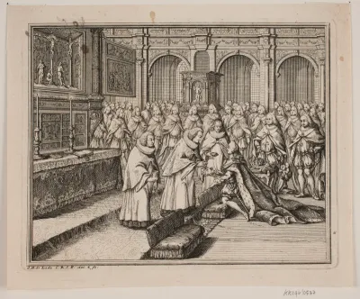 Biskop Hersleb salver Kong Frederik V i Frederiksborg Slotskirke. Illustration til Frederik d. IV's salvingsakt