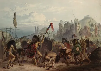 Bison dance of the Mandan Indians in front of their medicine lodge
