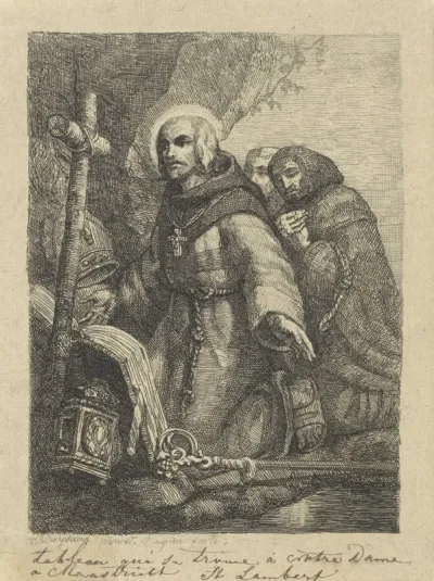 Bisschop en twee monniken geknield voor een crucifix