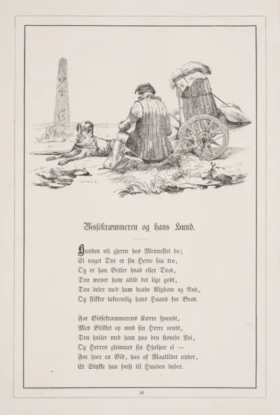Bissekræmmeren og hans hund. Illustration til H.V. Kaalund, "Fabler for Børn"
