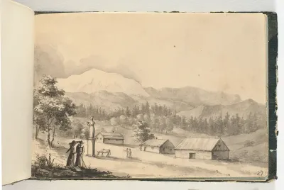 Bjerglandskab med mennesker og huse