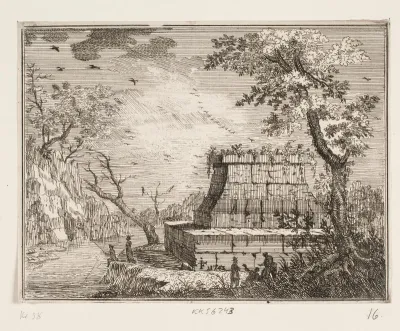 Bjergrigt landskab med et monument