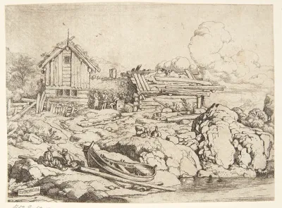 Bjælkehytte ved en flod, i forgrunden to mænd og en robåd, der er trukket op på land
