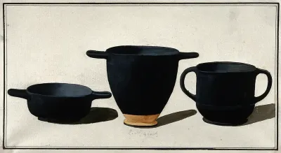 Black Greek drinking cups; left, shallow cup with horizontal handles; middle, tall cup with horizontal handles (kotyle); right, cup with vertical handles