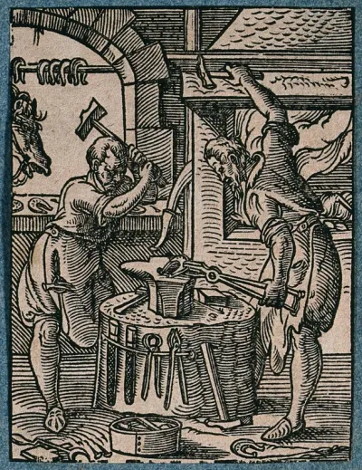 Blacksmiths making a horseshoe on an anvil while finished horseshoes hang on a rail in the window