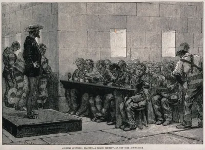 Blackwell's Island Penitentiary, New York: prisoners are sitting at benches eating and reading as a man at the top of the room watches over them