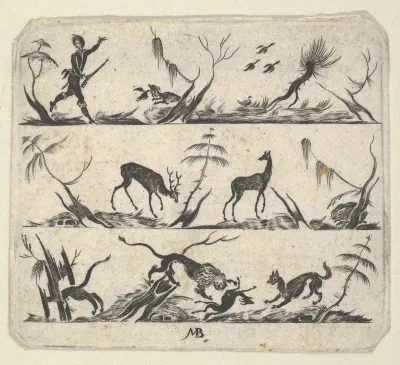 Blackwork Design for Goldsmithwork with a Hunter and Animals
