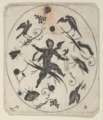 Blackwork Design for Goldsmithwork with a Putto, Birds and Insects