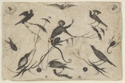 Blackwork Design for Goldsmithwork with Monkey, Birds, and Insects