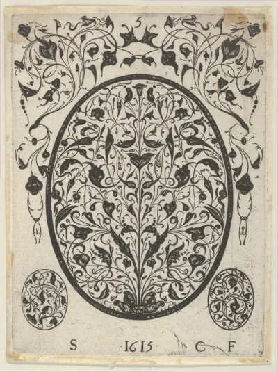 Blackwork Print with Foliate Scrolls in an Oval at Center, from a Series of Blackwork Prints for Goldsmiths' Work