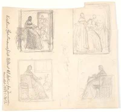 Blad med fire indrammede udkast til første Leonora Christine billeder (1869-70). I midten et figurrids