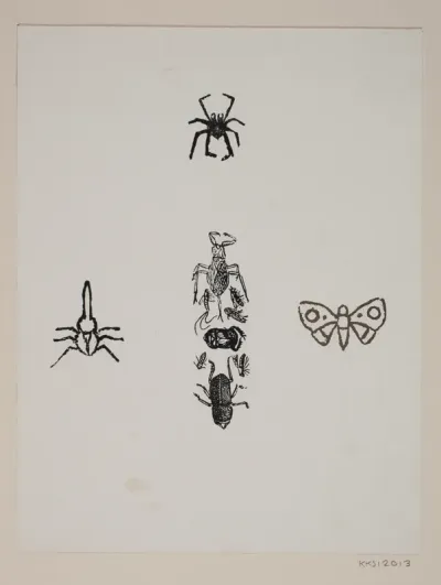 Blad med sommerfugl, tæge, skarnbasse og andre insekter