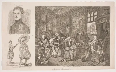 Blad med tre fremstillinger: "Det moderne Givtermaal" efter Hogarth, Portræt af Frants Napoleon og "Hinduernes ypperste præst"