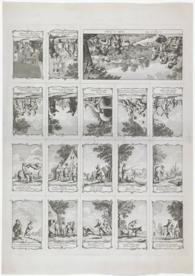 Blad met 17 voorstellingen van spreekwoorden