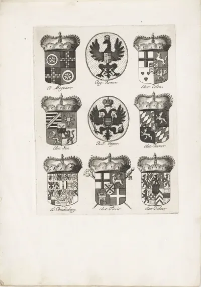 Blad met de familiewapens van negen geportretteerden