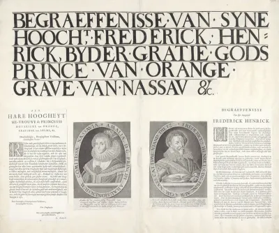 Blad met de titel voor de prentserie van de begrafenisstoet van stadhouder Frederik Hendrik te 's-Gravenhage in 1647, de portretten van Frederik Hendrick en Amalia van Solms en twee tekstbladen