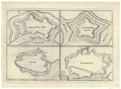 Blad met de vestingen te Crèvecoeur, Sint Andries, Tiel en Arnhem, veroverd door de Fransen of Munstersen, 1672