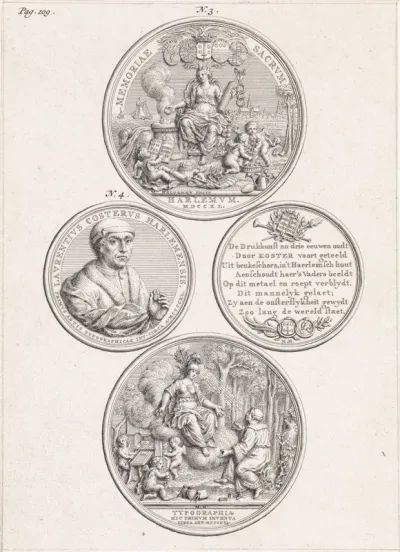 Blad met de voor- en achterzijde van twee penningen vervaardigd ter ere van Laurens Jansz. Coster
