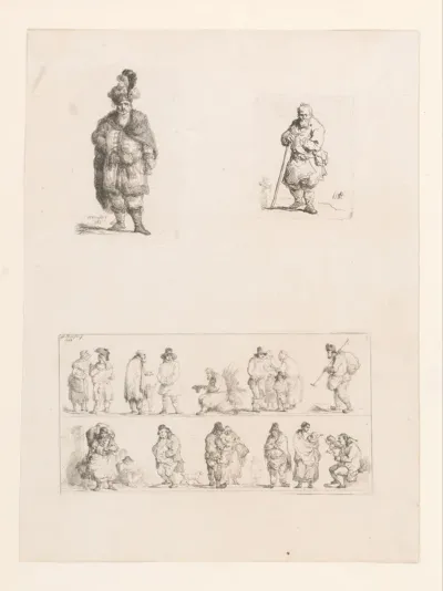 Blad met drie etsen met figuurstudies