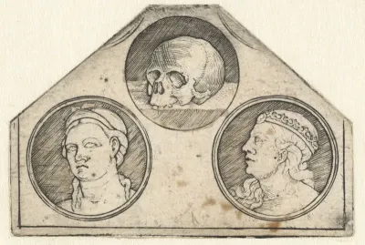 Blad met drie ronde voorstellingen: schedel en twee hoofden van vrouwen